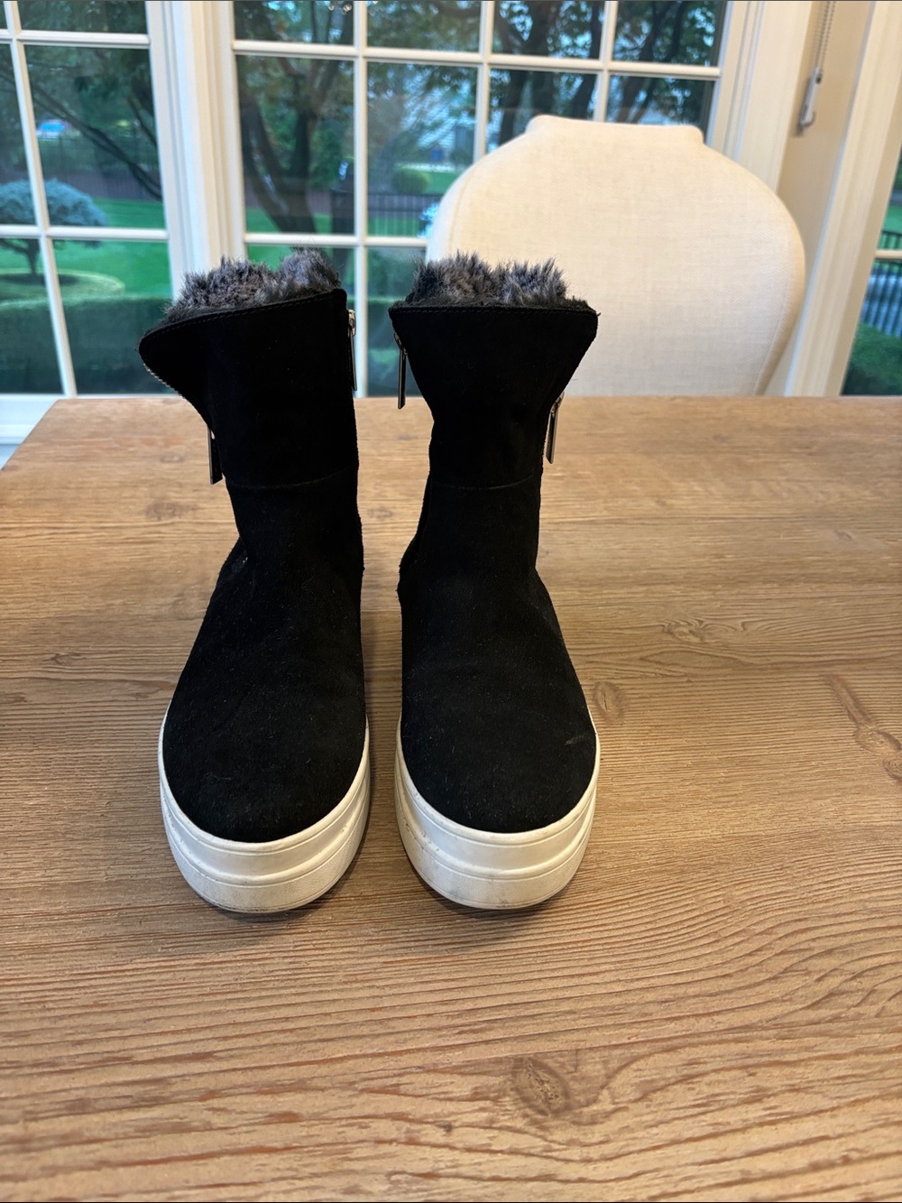 J Slides Black Faux Fur-Trim Platform Ankle Boots